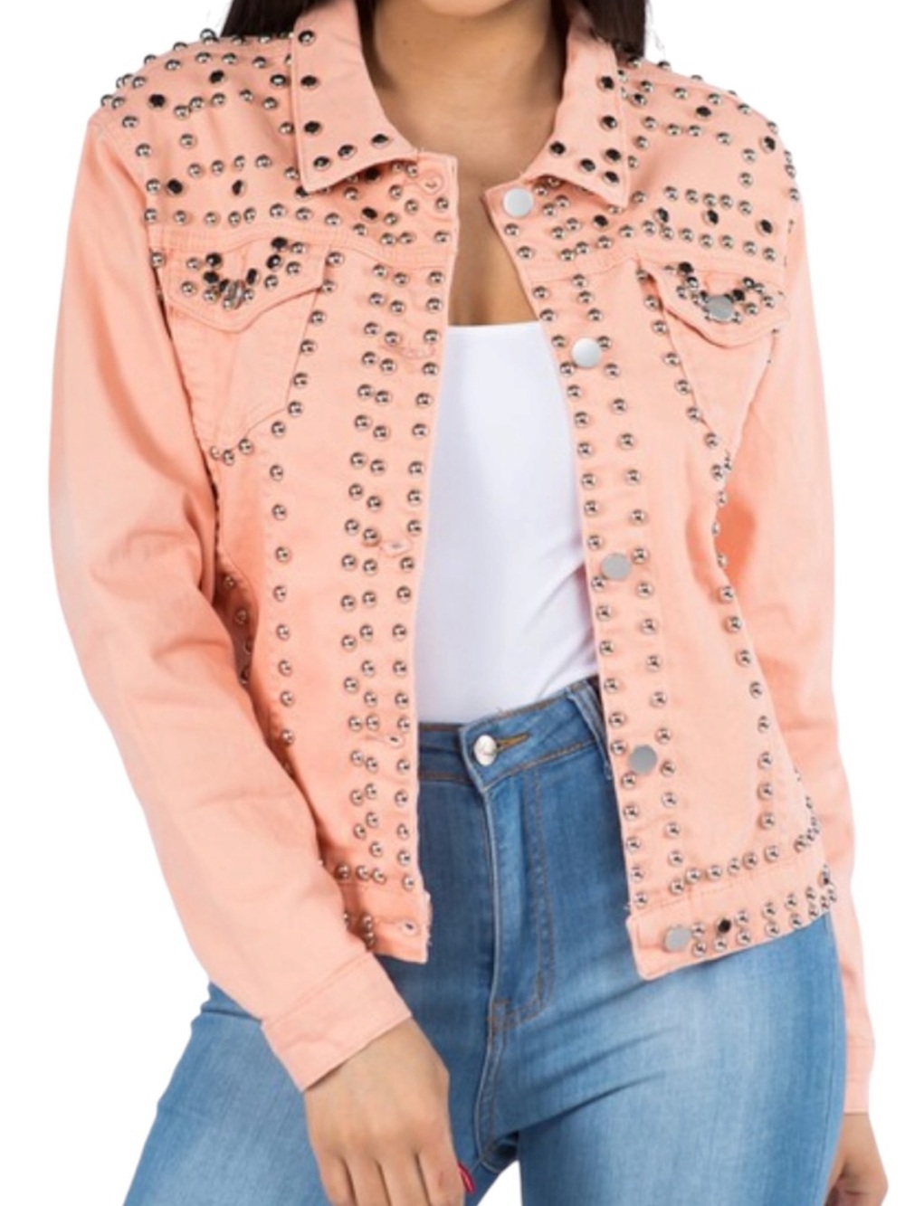 Denim Stretch Jacket Embellished w Silver Studs & Black Rhinestones in Peach 🔥